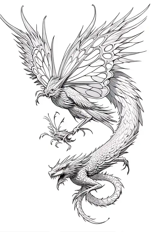 Butterfly And Compas With Big Phoenix And Dragon Rising