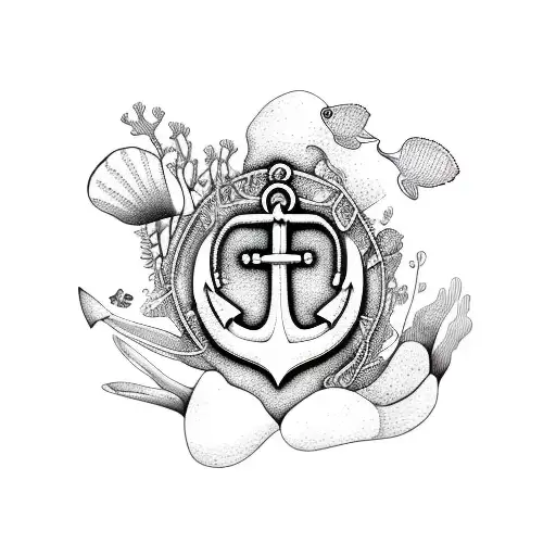Anchor Surrounded By Flowers And Sea Life