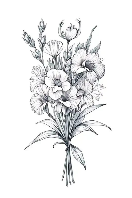 Boquet Including Sweet Pea Flower And Iris And Aster