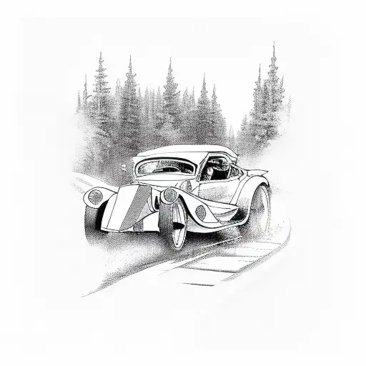 A Vintage Car Speeding Through A Winding Road In The Woods