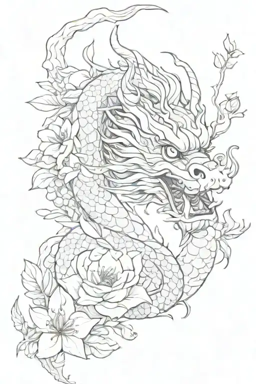 Red Chinese Dragon Tattoo With Jasmin Flower