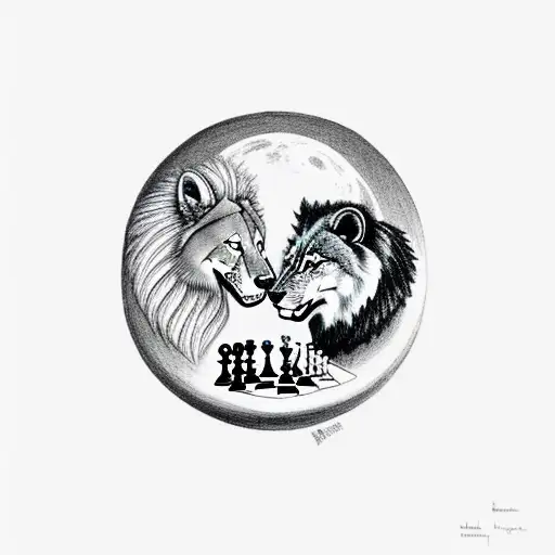 A Wolf And A Lion Playing Chess Under A Full Moon
