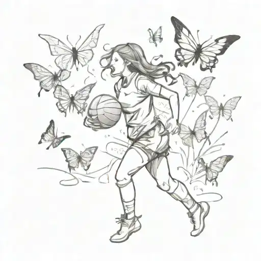 A Sketch Of A Volleyball Player Surrounded By Butterflies In A Forest