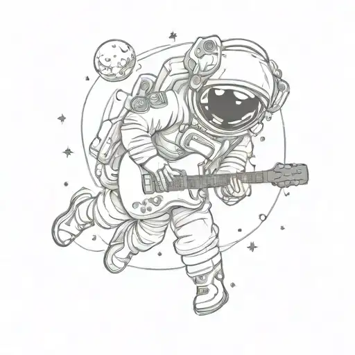 Mini Kid Astronaut Falling In Space Holding A Guitar