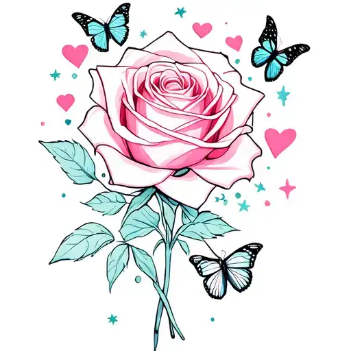 Rose With Hearts Swashes Stars And Butterflies