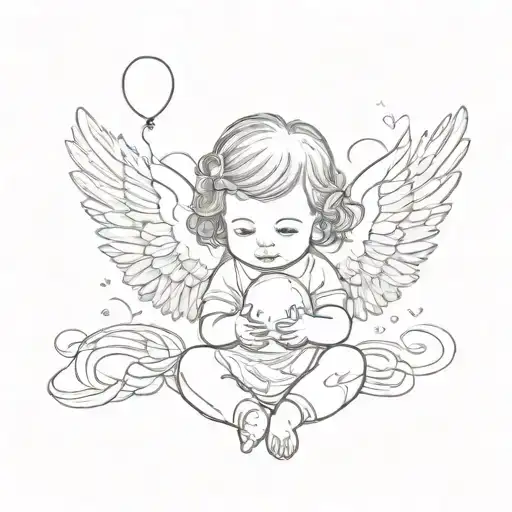 Baby Girl With Angel Wings And In Her Hand To Have A Baloon Heart Shape Flooting