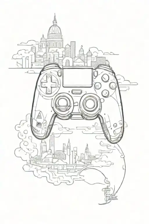 A Sketch Tattoo Of A Gaming Controller Morphing Into A Skyline Of Famous Buildings