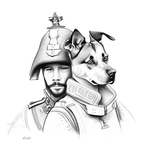 A Sketch-style Portrait Of A Soldier With His Loyal Dog By His Side