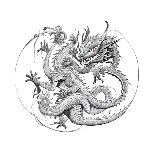 A Dragon And A Cat Intertwined In A Graceful Dance Surrounded By Floral Vines