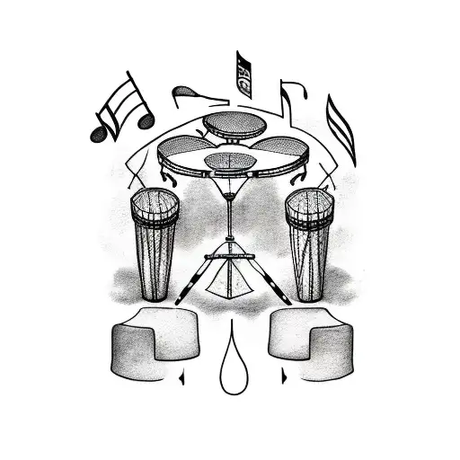 A Minimalist Tattoo Of A Drum Kit Surrounded By Mystical Symbols And Music Notes