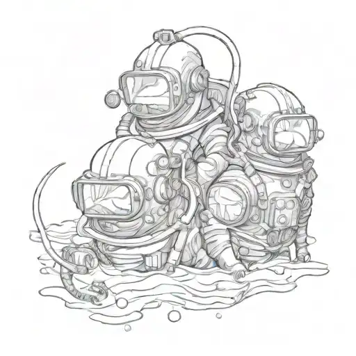 Create Me A Tattoo Idea Of 3 Black Cats Under Water With Diving Helmets