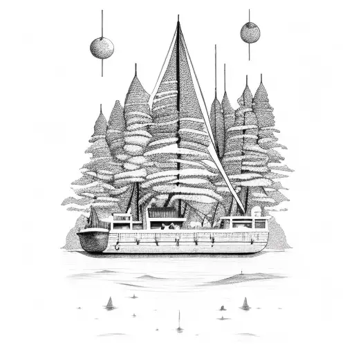 Ship Floating To Forest With Airplane In Back