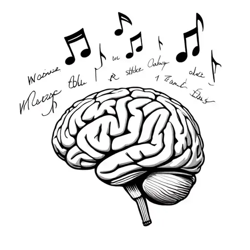 A Brain With Music Note And Words Written Upside Down All Around It