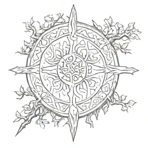 Viking Shield In Combination With Tree Yggdrassil And An Axe