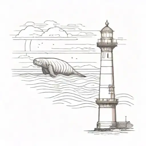 Manatee By A Lighthouse At Sunset