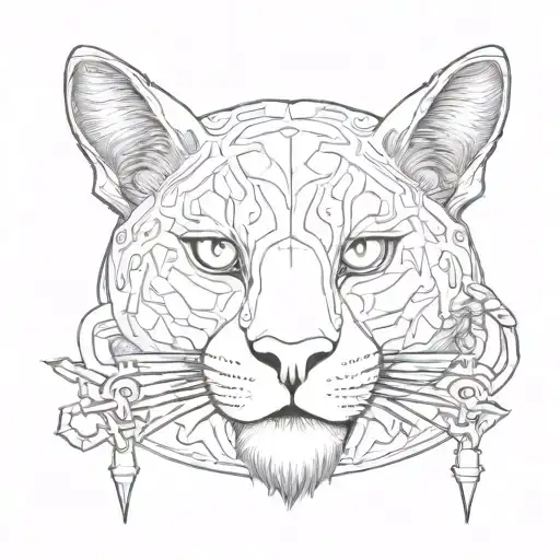 Front View Ornamental Full Black Oldschool Puma With Swords And Chains Behind It