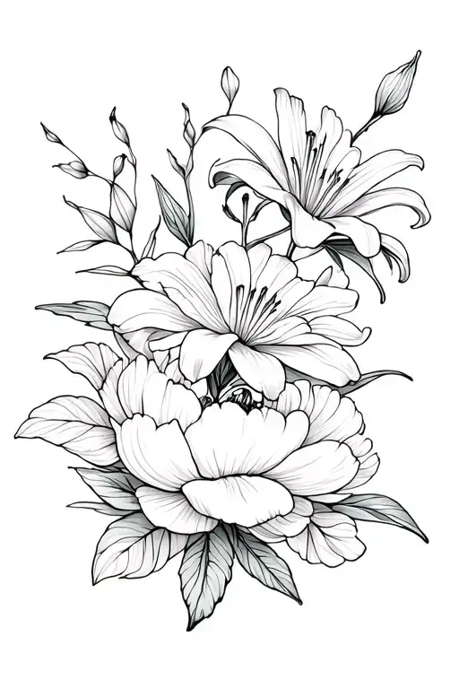 Peony And Lily Flowers Intertwined