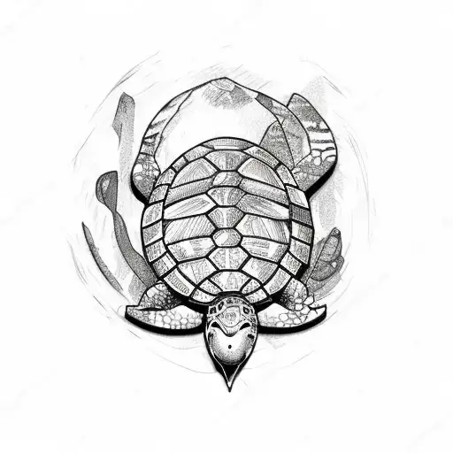 Sketch-style Tribal Turtle Surrounded By Nature Elements