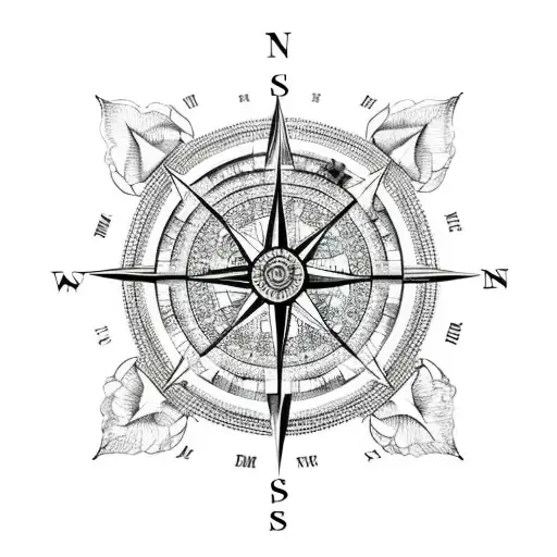 A Compass With A City Inside With Large Flowers And Butterflies