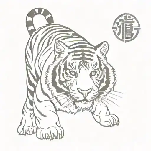 White Tiger With Karate Kanji Symbol In A Sketch Style