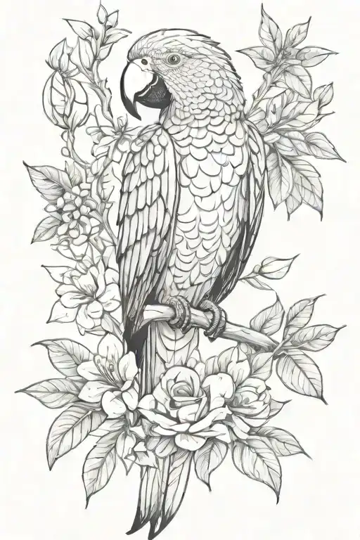 A Sketch Style Tattoo Of A Parrot Surrounded By Various Outdoor Elements Like Trees And Flowers