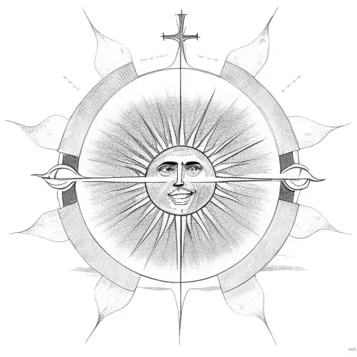 Christian Cross With Sun On The Right And Crescent Moon On The Left With Beach At The Bottom