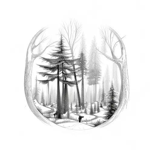 A Sketch-style Forest Scene With A Saxophone Hidden Among The Trees