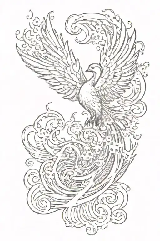 Ocean Waves With A Phoenix Flying And Flames Showing Light And Dark And A Book Page Or Books