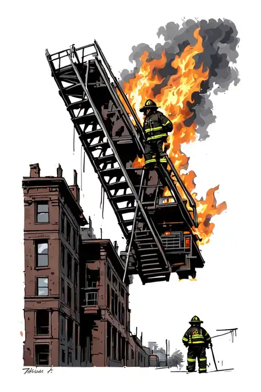 Firefighter Ladder Burning Building View