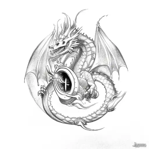 A Dragon Breathing Fire Onto A Time Machine In A Sketch Style