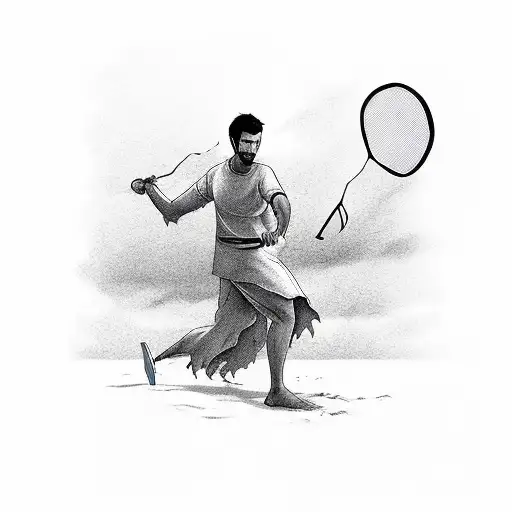 A Ghostly Figure Playing Badminton On A Tropical Beach