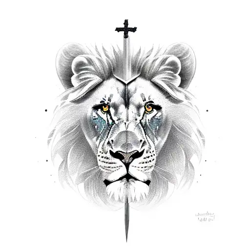 A Face With Half Lion Half Gladiator And A Sword And A Cross