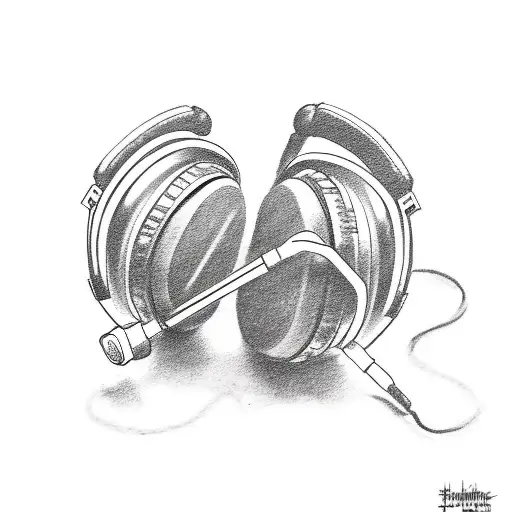 A Sketch Tattoo Of Headphones And A Film Camera Surrounded By Nature Elements
