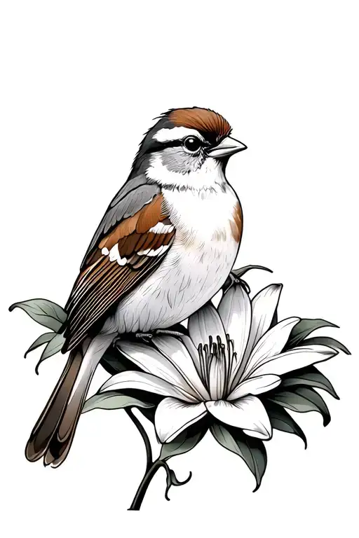 Sparrow Sitting On Lily Flower