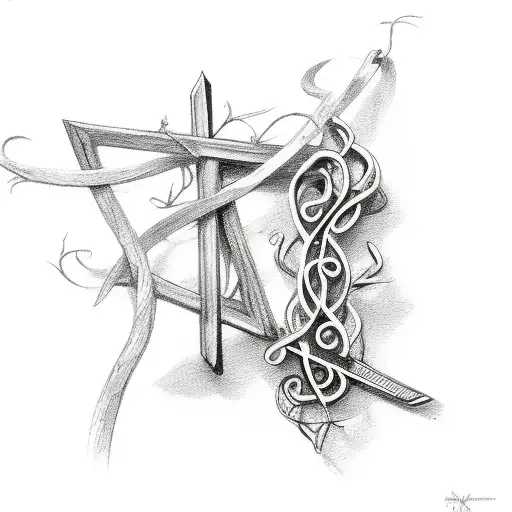 A Vine Wrapped Around A Guitar Neck With A Crucifix Hanging From It