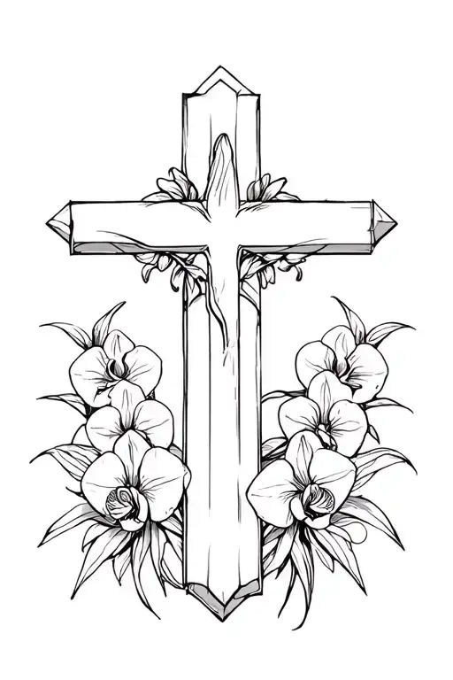 Cross With Hard Fought Hallelujah And Orchid Flowers Around It