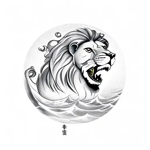 Lion In Background With White Doves Plus A Wave Underneath With A Fish Under The Wave And A Crab