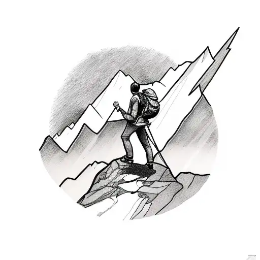 A Minimalist Tattoo Of A Hiker Conquering A Mountain Peak
