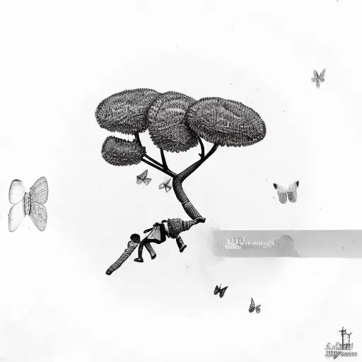 Palm Tree 3 Butterflies A Boy Climbs The Tree