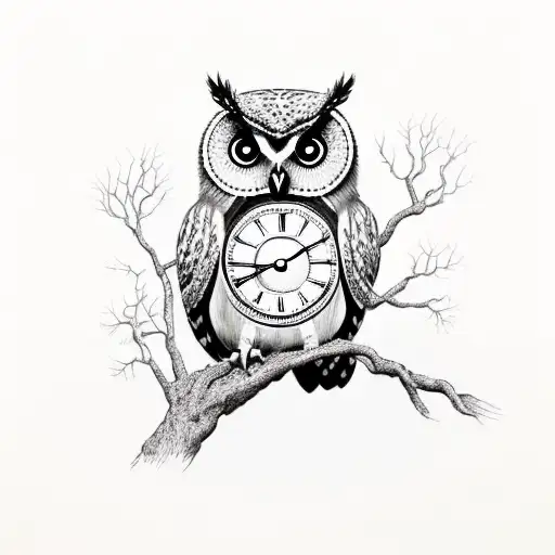 Tree With Owl With Clock In Belly With Roes In It's Talasmen On Branch
