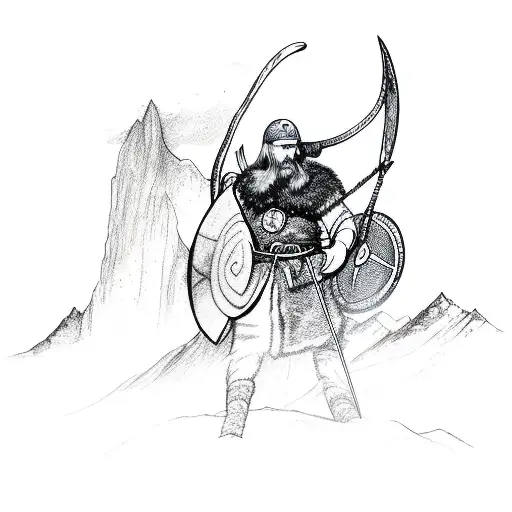 A Detailed Sketch Of A Viking With A Majestic Mountain Range In The Background