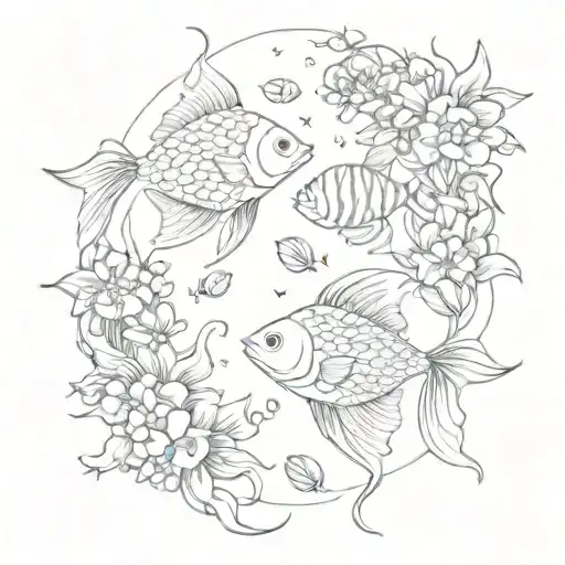 2 Fish Swimming Nearby Creating Harmony With Flowers And