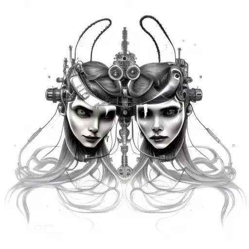 Cyborg Gemini Sisters Hair Tangled Together Conjoined Calm Faces Mysterious Smile