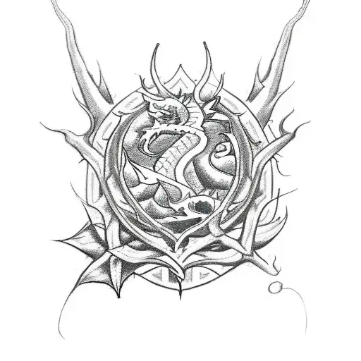 A Sketch-style Tattoo Of A Court Of Thorns And Roses Emblem With Dragon Motifs