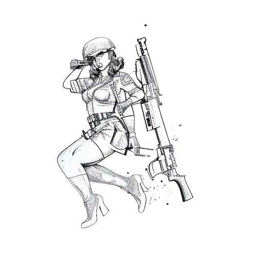 A Pinup Woman In Military Uniform With Modern Assault Rifle