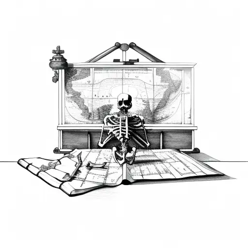 Skeleton Leaning Over Table With Navigational Chart And Charting Equipment