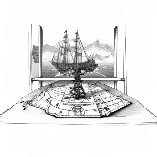 Skeleton Leaning Over Table With Navigational Chart And Charting Equipment On The Bridge Of A Ship