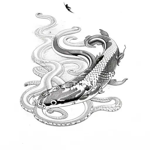 Koi Fish With Snakes Around Leg