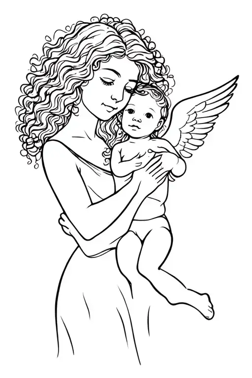 Simple Curly Hair Mom Holding Baby Angel