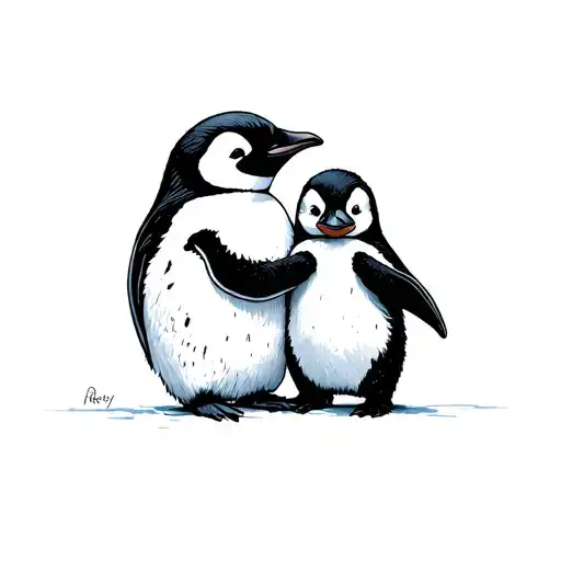 An Adult Penguin Hugging A Baby Penguin